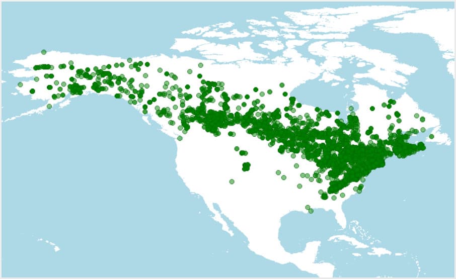 Distribución de Lithobates sylvaticus, rana de bosque o rana de la madera