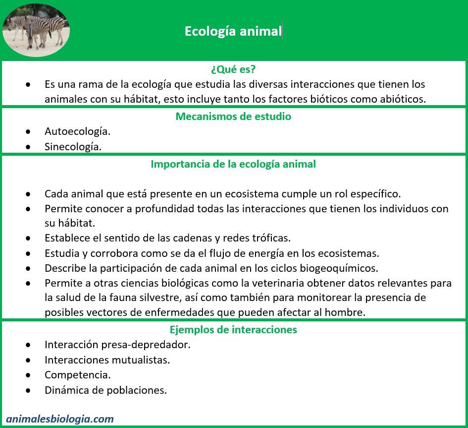 Ecología animal, cuadro resumen representativo