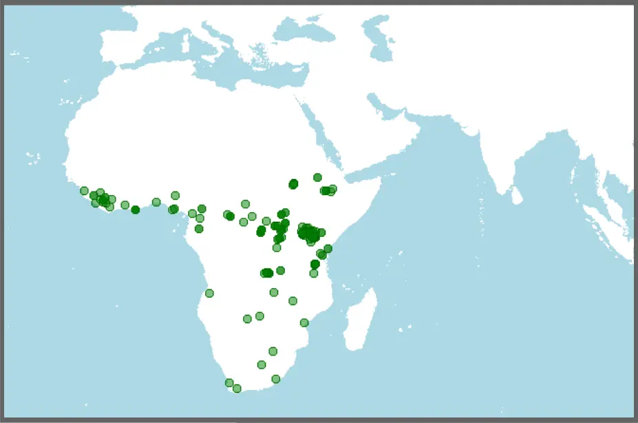 Mapa distribución de Atilax paludinosus, mangosta acuática o de los pantanos.